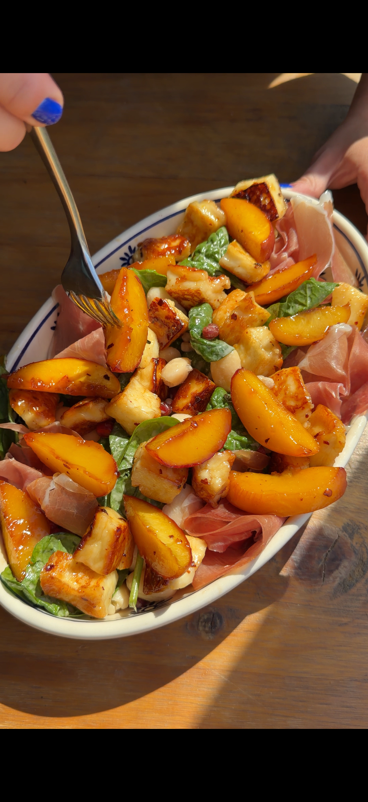 Honeyed Halloumi & Peach and Prosciutto Grain Bowl with Tahini Lime Dressing