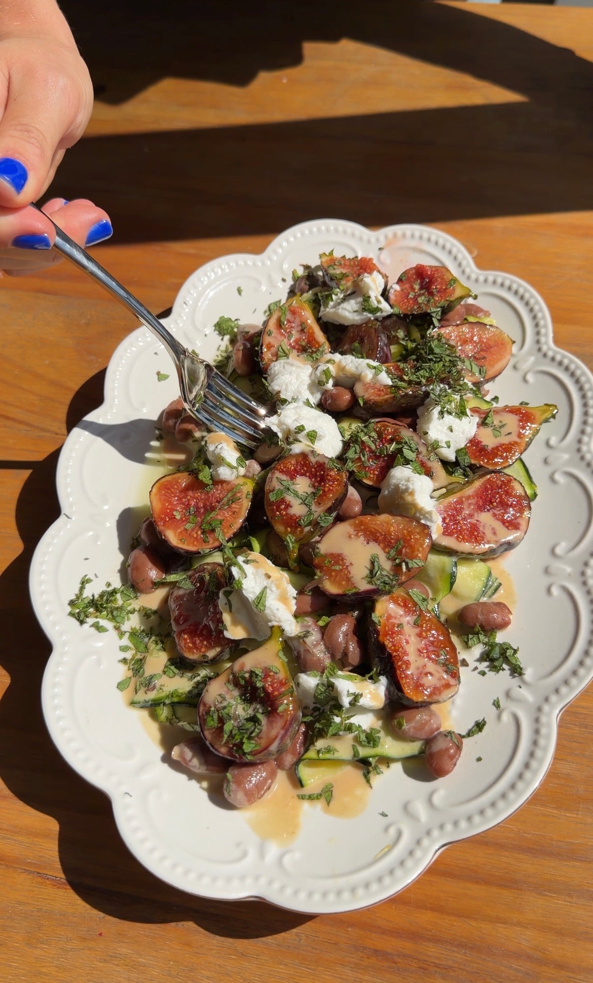 Courgette Ribbon, Honey Fried Fig and Goats Cheese Salad with Tahini Lime Dressing