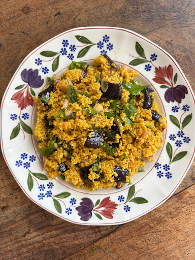 Roast aubergine couscous salad with miso and sesame