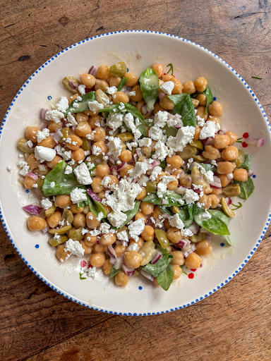 Chickpea, feta, green olive and red onion salad